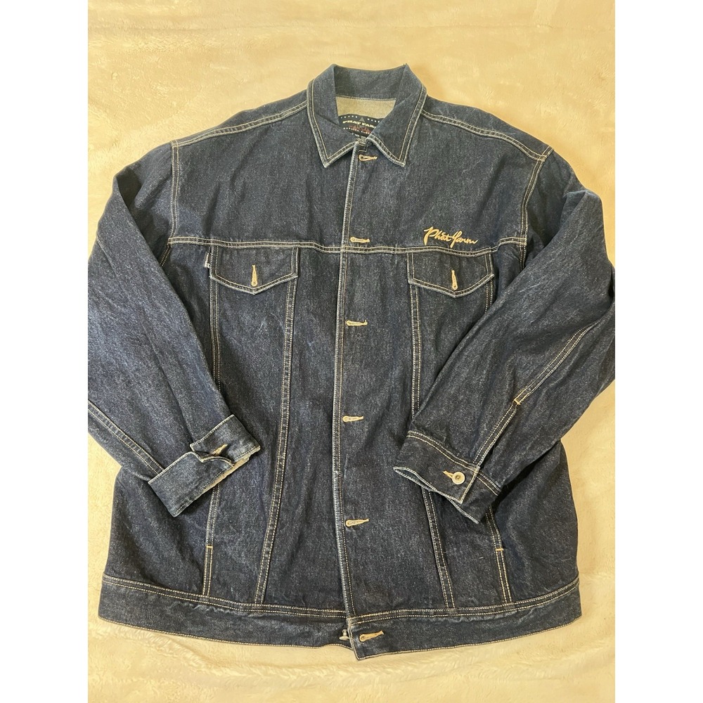 Vintage Y2K Phat Farm Jacket Adult 3XL Blue Denim Trucker Logo Baggy 90s Hip Hop